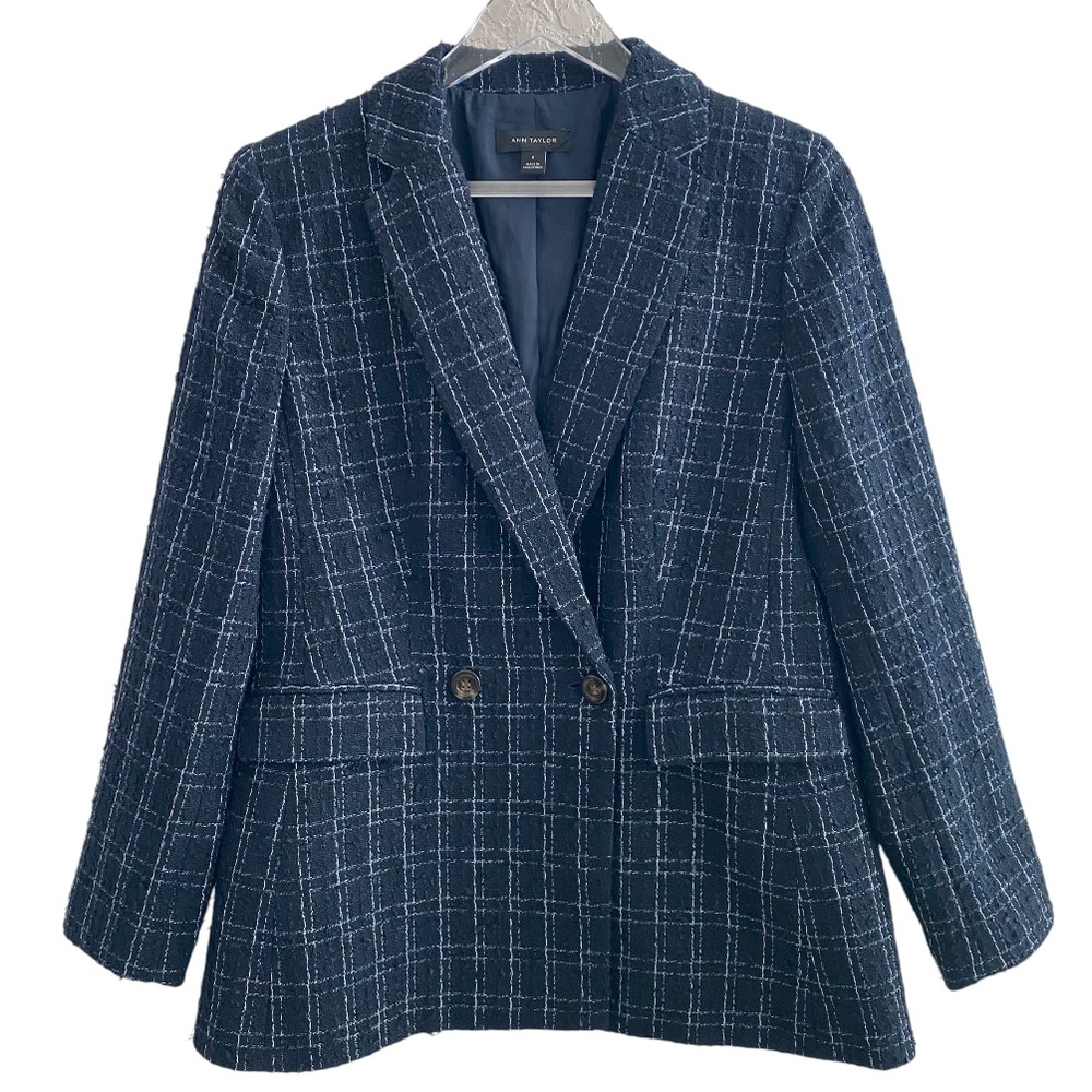 Ann Taylor Double Breasted Tweed Textured Blazer Jacket Blue Size 6 - Picture 4 of 10